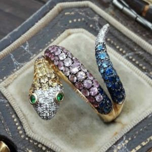 Multi-colored crystal 18k gp snake ring NEW sizes 6-11. STUNNER!